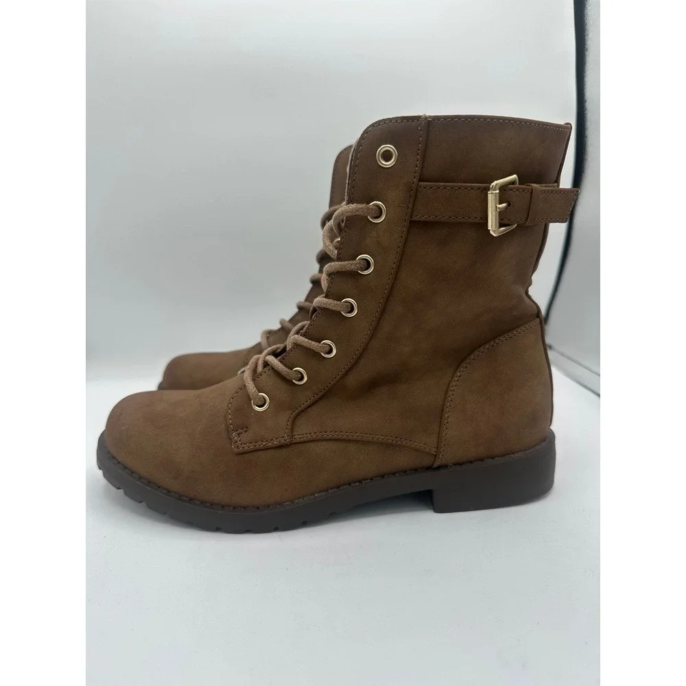 The Childrens Place Girls Tan Combat Boots Lace Up Side Zip Buckle Size 4 NWT